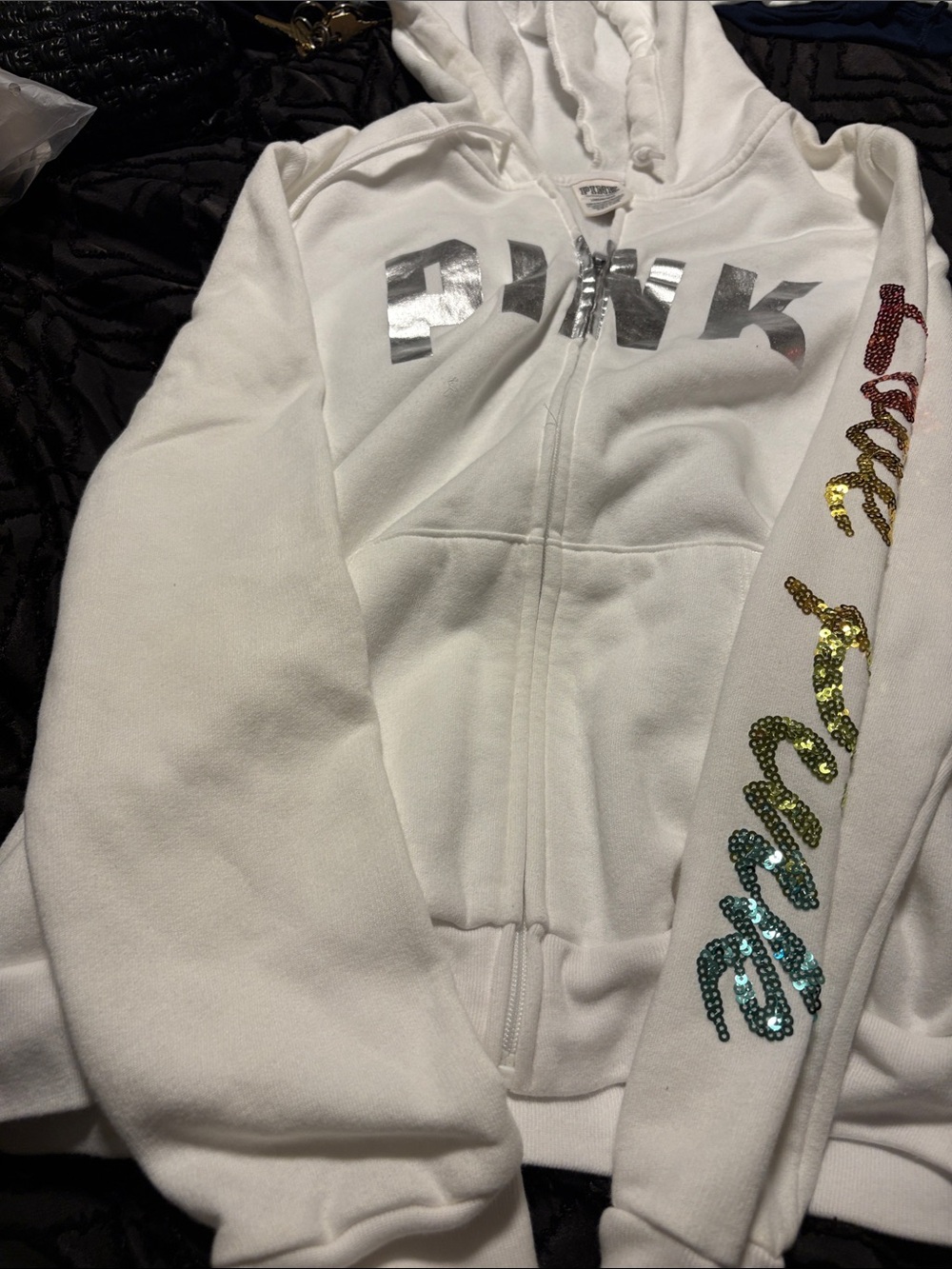 PINK Victoria's Secret White Zip Hoodie with Multicolored Sequin Sleeve Large